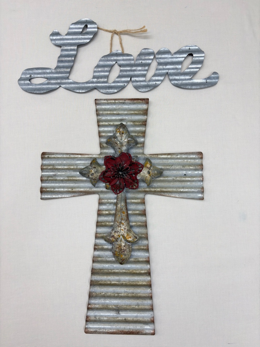 Rustic Farmhouse Metal Wall Decor Set-2pc Corrugated Tin  3D Cross & Love Sign